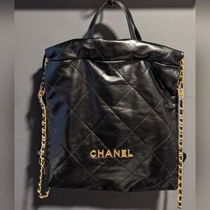 Chanel 22 Black Backpack Shiny Calfskin & Gold Tone Metal - AS3859